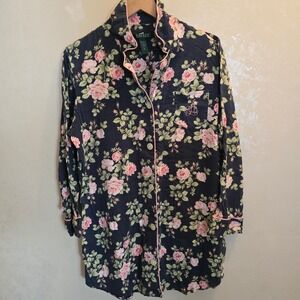 Lauren Ralph Lauren Floral‎ Sleepshirt Nightgown XL Navy Pink Roses Button Down